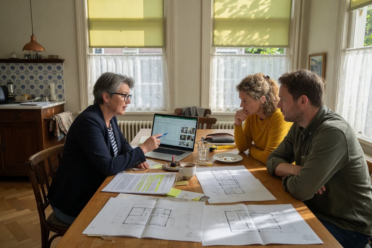 Huiseigenaar bespreekt offertes met een vakspecialist